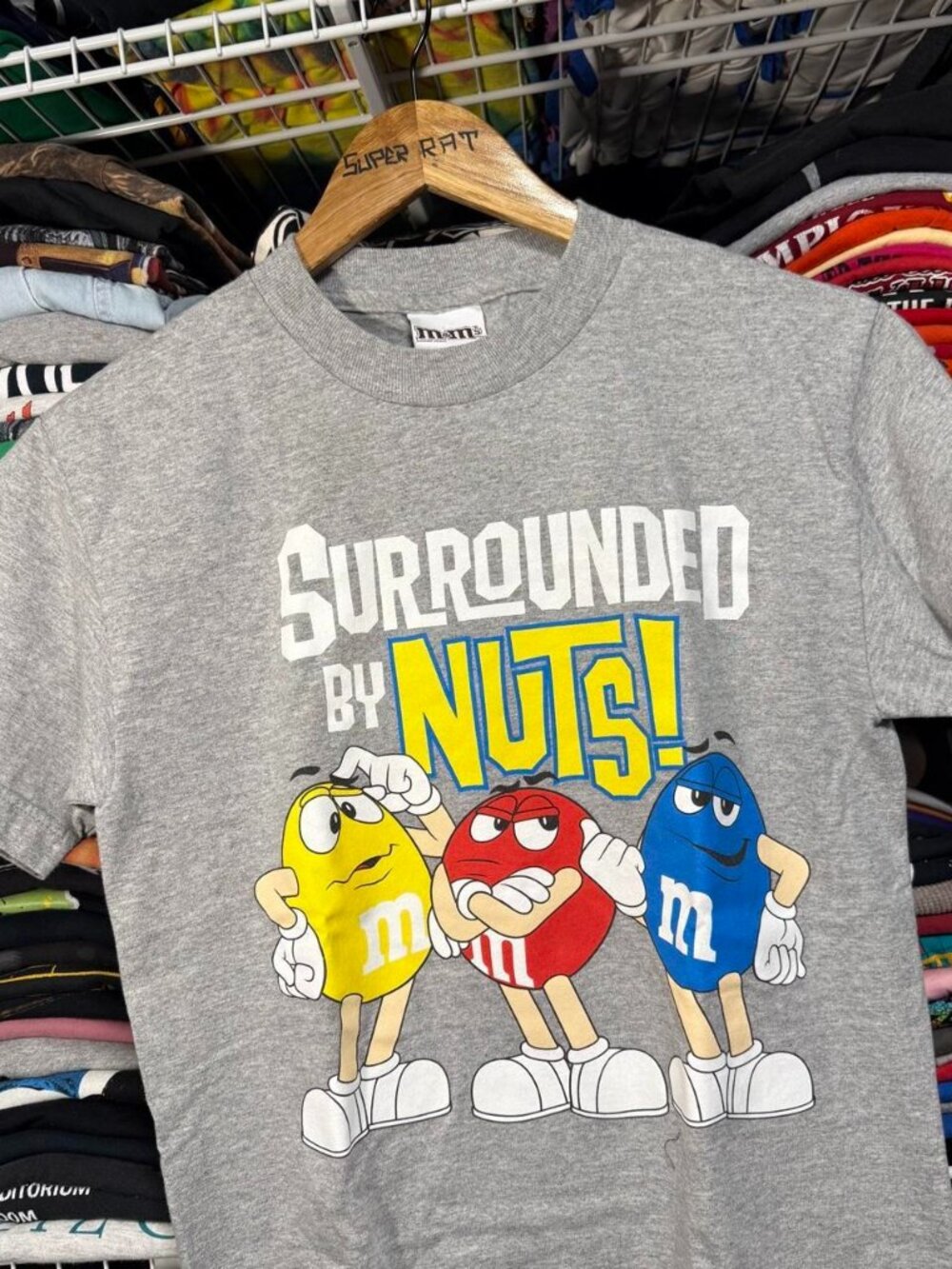 M&M's "Surrounded by Nuts" gray t-shirt with three M&M characters